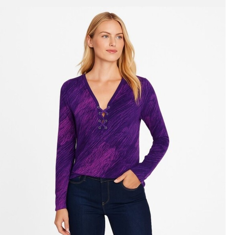 NWT White House Black Market Long Sleeve Lace Up Top L Abstract Purple Amethyst